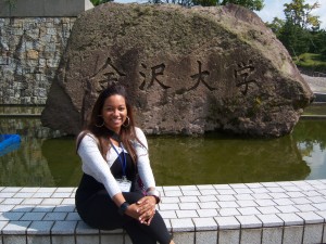 Sitting in front of Kanazawa University's famous rock sculpture