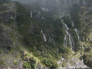 Waterfalls, Milford Sound, Fjordland, South Island New Zealand