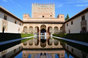A world-famous, guidebook-worthy photo of a reflective pool inside the Alhambra Palace.