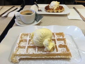Belgian waffle with vanilla ice cream