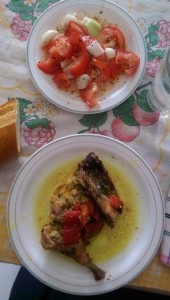 Some more of my Papa's delicious cuisine: Chicken and tomatoes with onions (all topped with his secret sauce of course)