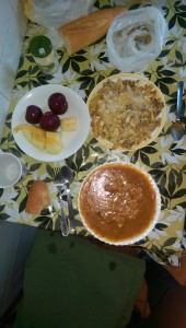 Dreaming in Spain, soup with chicken, French fries with beef, eggs and cheese, plums and melon