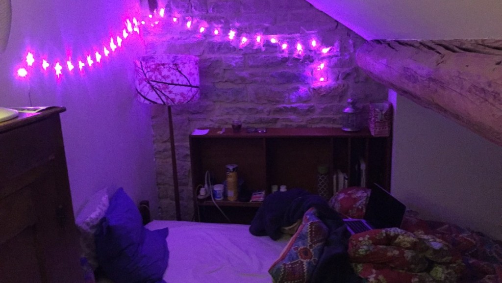 My bed - where I've added lights to make myself feel more at home.
