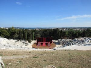 A view from the top of the theater hill - the stage is set for a performance of Euripides' Alcestis in a few hours